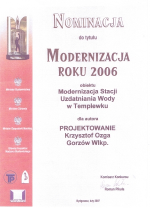 Nominacja do tytułu Modernizacja Roku 2006 - Modernizacja Stacji Uzdatniania Wody w Templewku